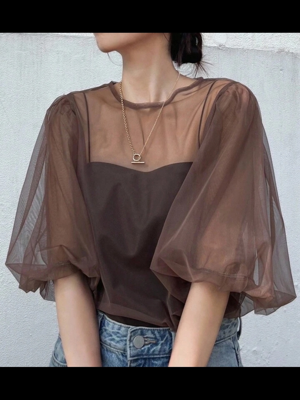 Brown Sheer Puff-Sleeve Blouse.